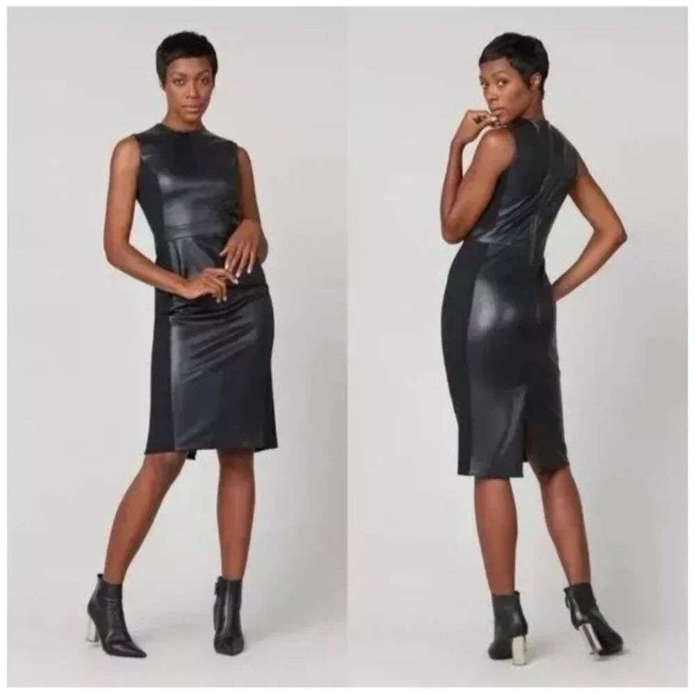 SPANX Dress Black Leather Like Combo Fitted M Delux Sheath Sleeveless 2039 - Picture 2 of 16